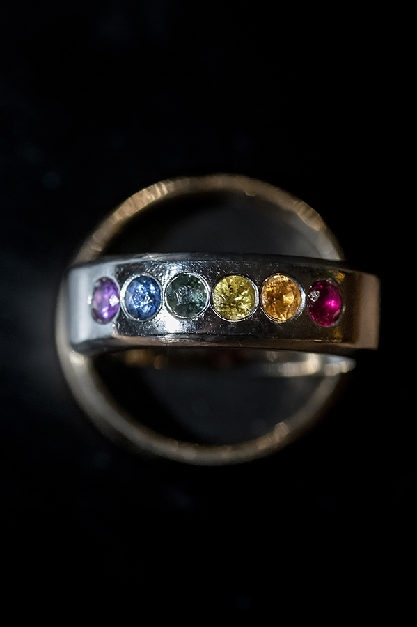 rainbow wedding band on wedding day at The English Manor. LGBTQ wedding