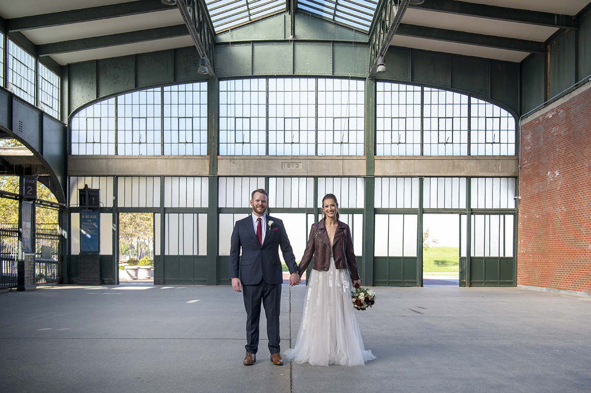 bride and groom on wedding day at Liberty State Park