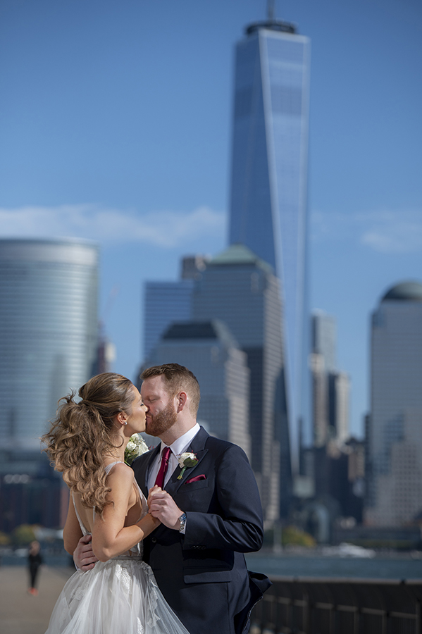 bride and groom first look on fall wedding at Liberty House in Jersey City