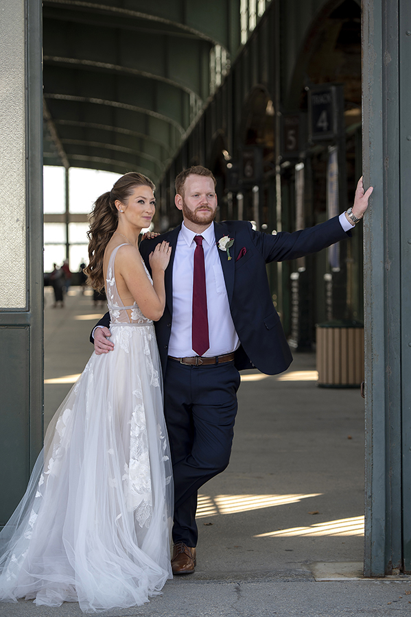 bride and groom on fall wedding day at Liberty House in Jersey City