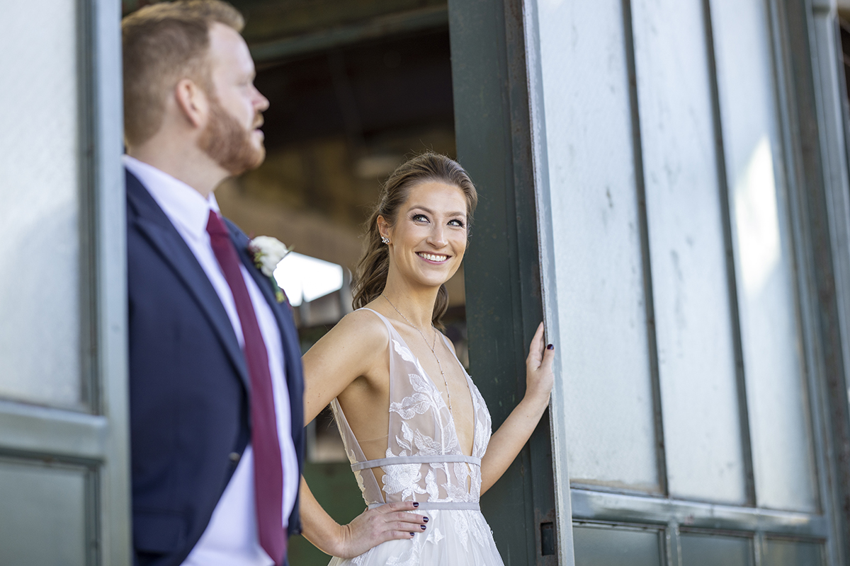 bride and groom on fall wedding day at Liberty House in Jersey City