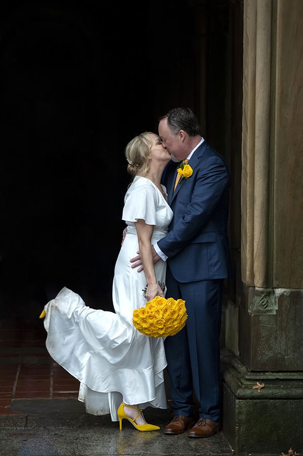 bride and groom on their wedding day in Central Park, NYC