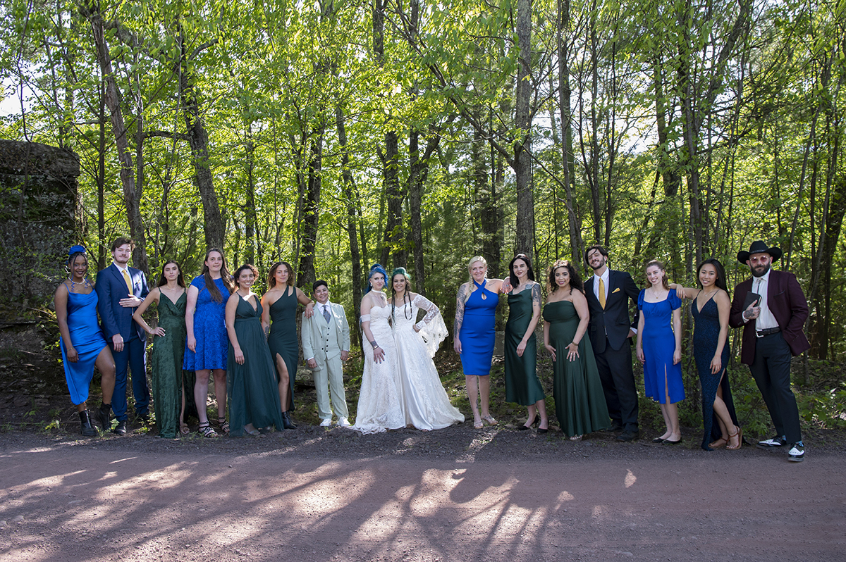 wedding party on wedding day at Riedlbauer’s Resort in the Catskills. LGBTQ wedding
