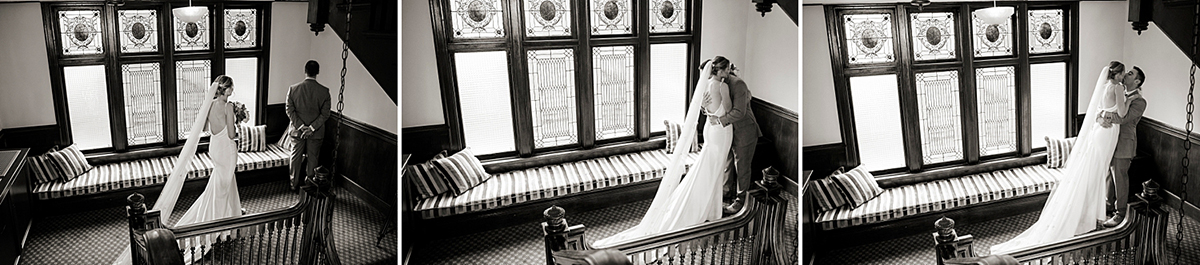 bride and groom first look on their wedding day at Orienta Beach Club