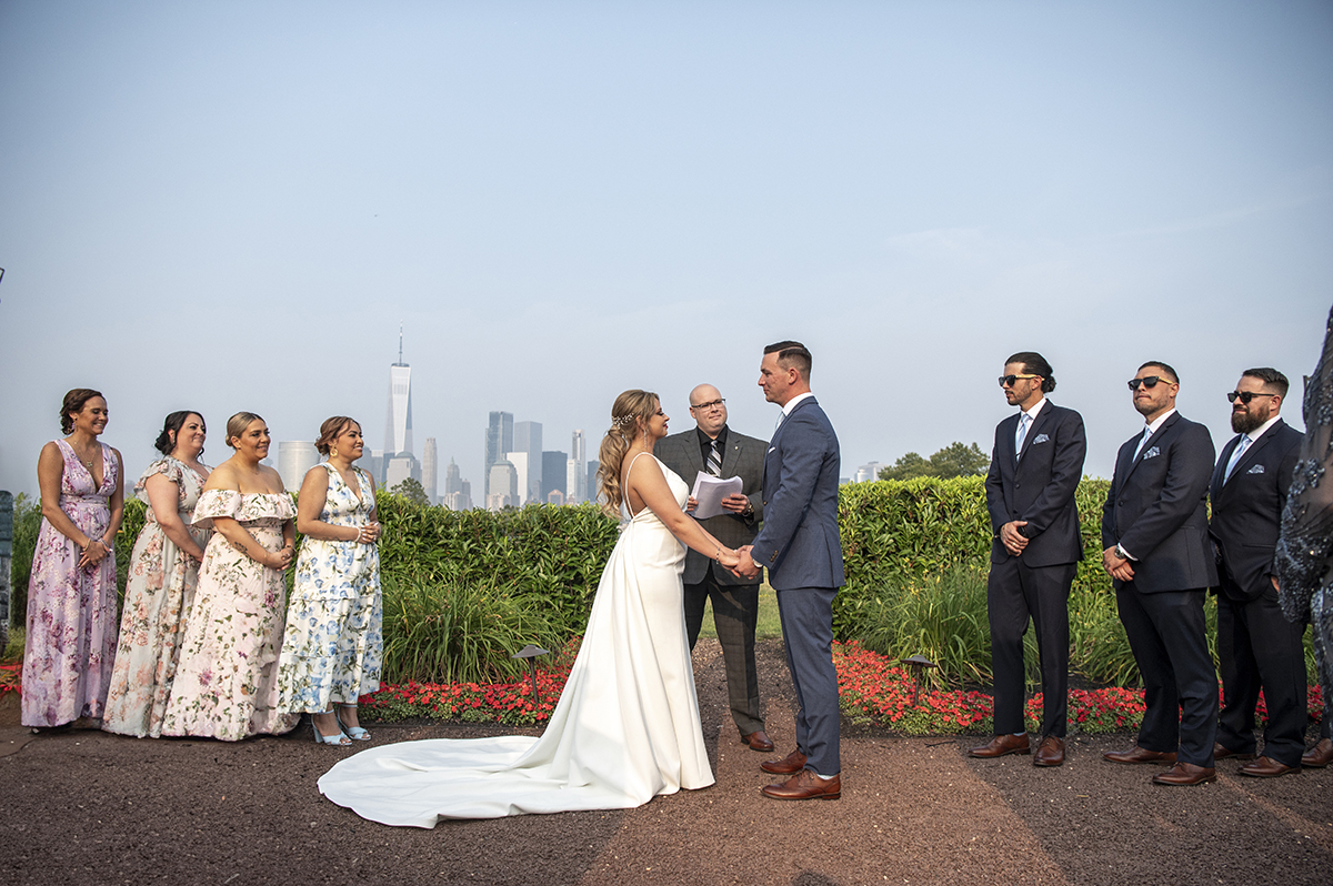 wedding ceremony with NYC skyline at Liberty House in Jersey City