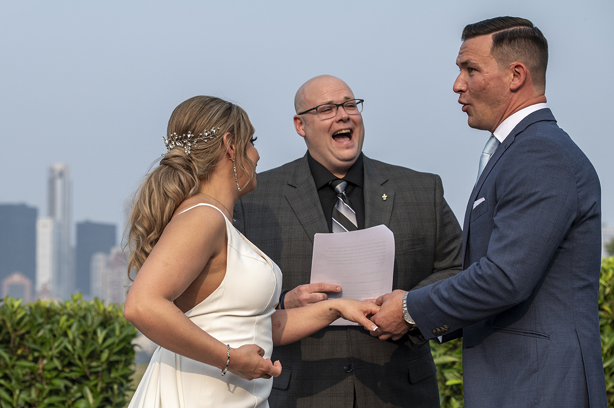 wedding ceremony with NYC skyline at Liberty House in Jersey City