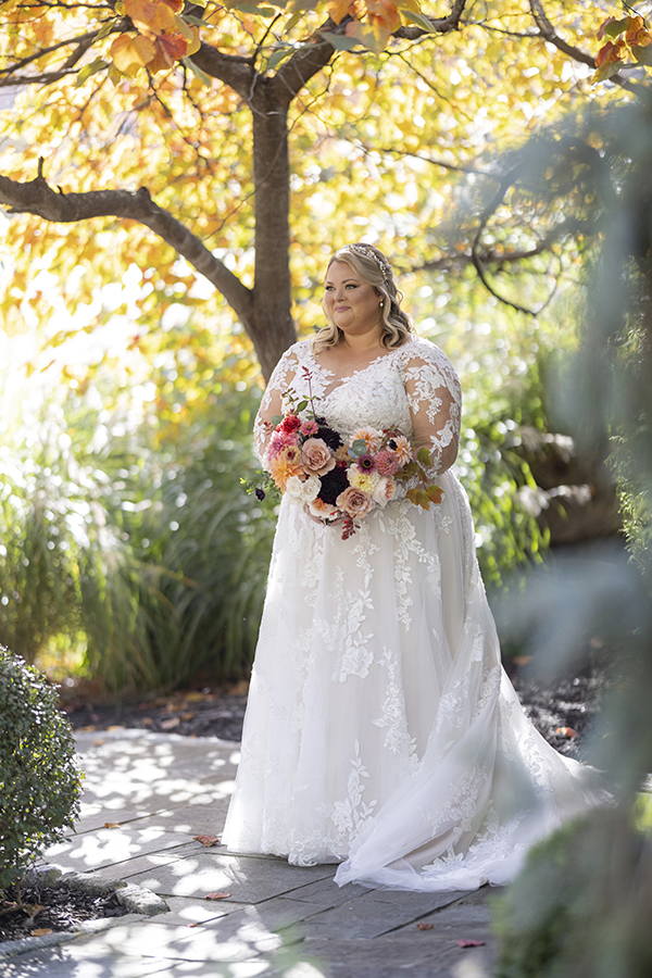 bride at fall wedding at Stone House at Stirling Ridge