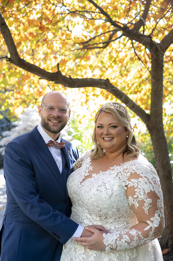 bride and groom at fall wedding at Stone House at Stirling Ridge