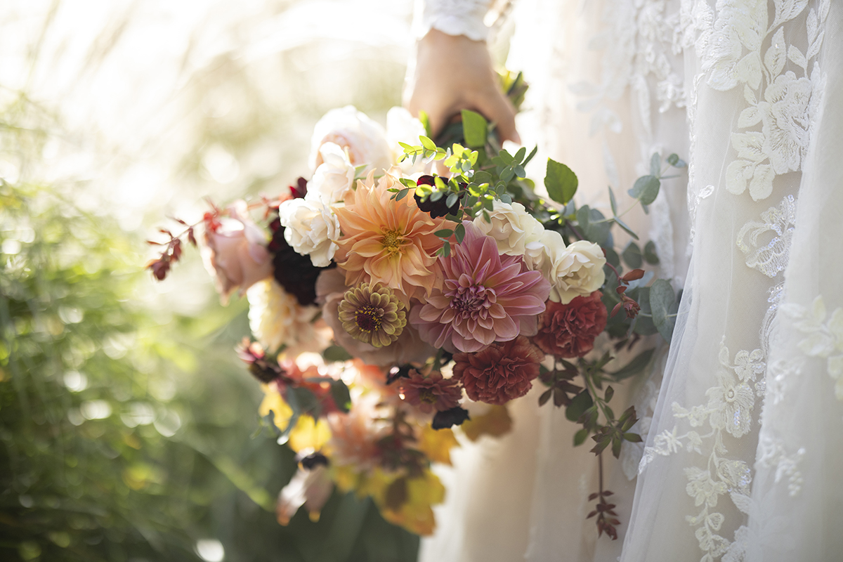 bride at fall wedding at Stone House at Stirling Ridge