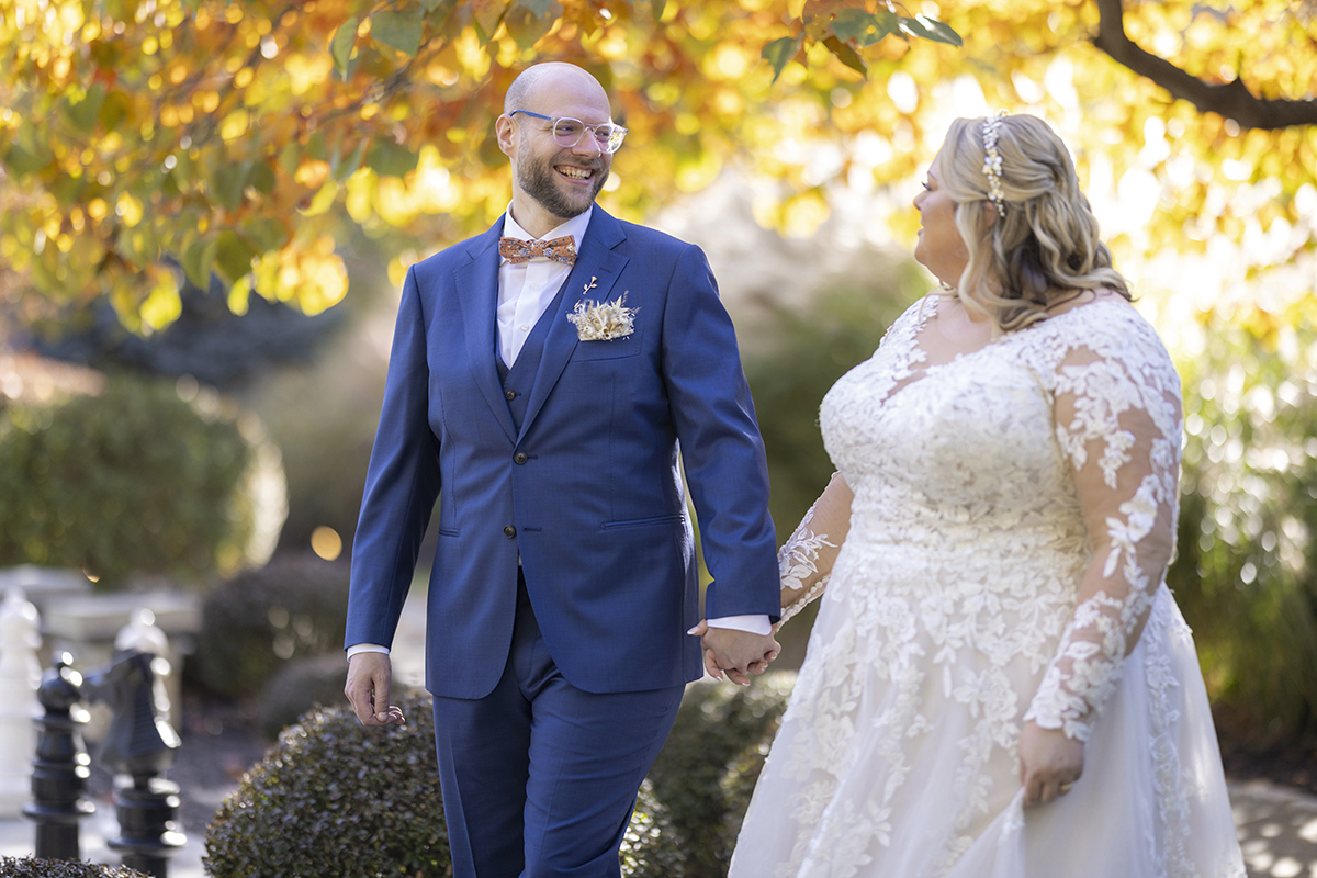 bride and groom at fall wedding at Stone House at Stirling Ridge