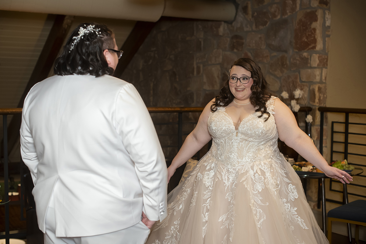 brides on wedding day at Stone House at Stirling Ridge. LGBTQ wedding