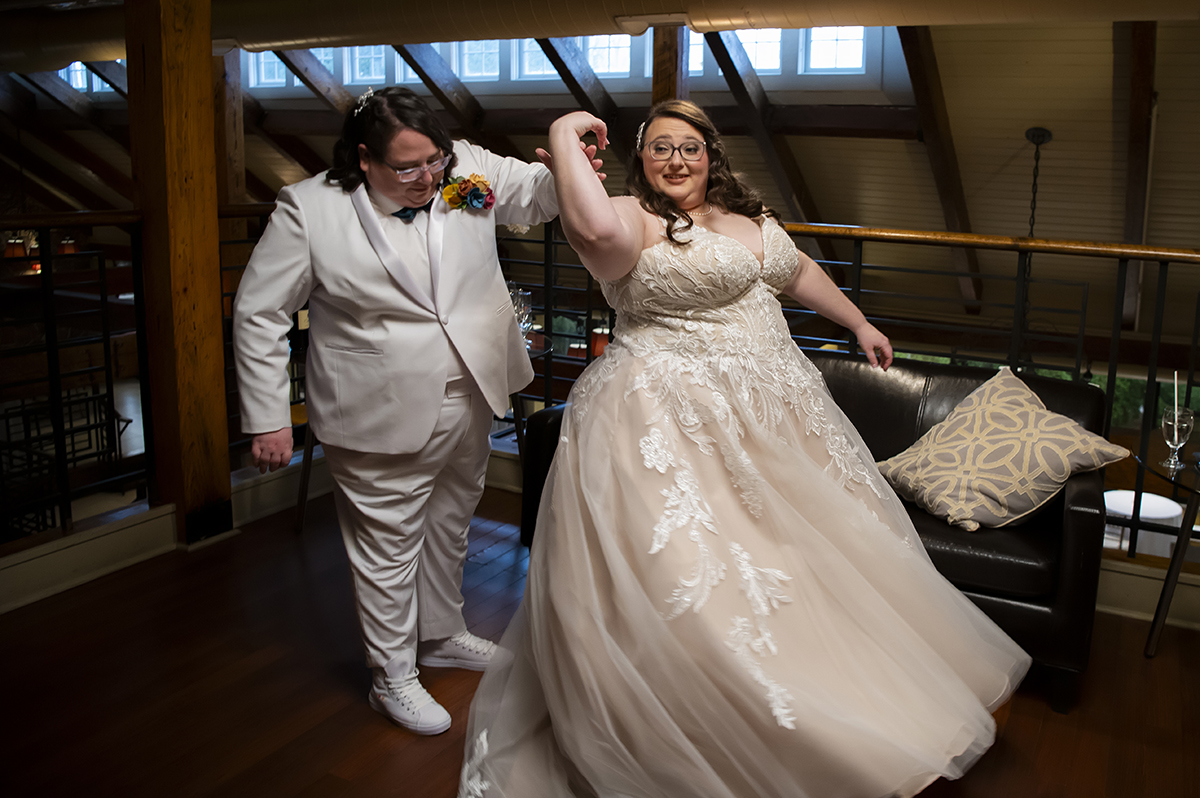 brides on wedding day at Stone House at Stirling Ridge. LGBTQ wedding