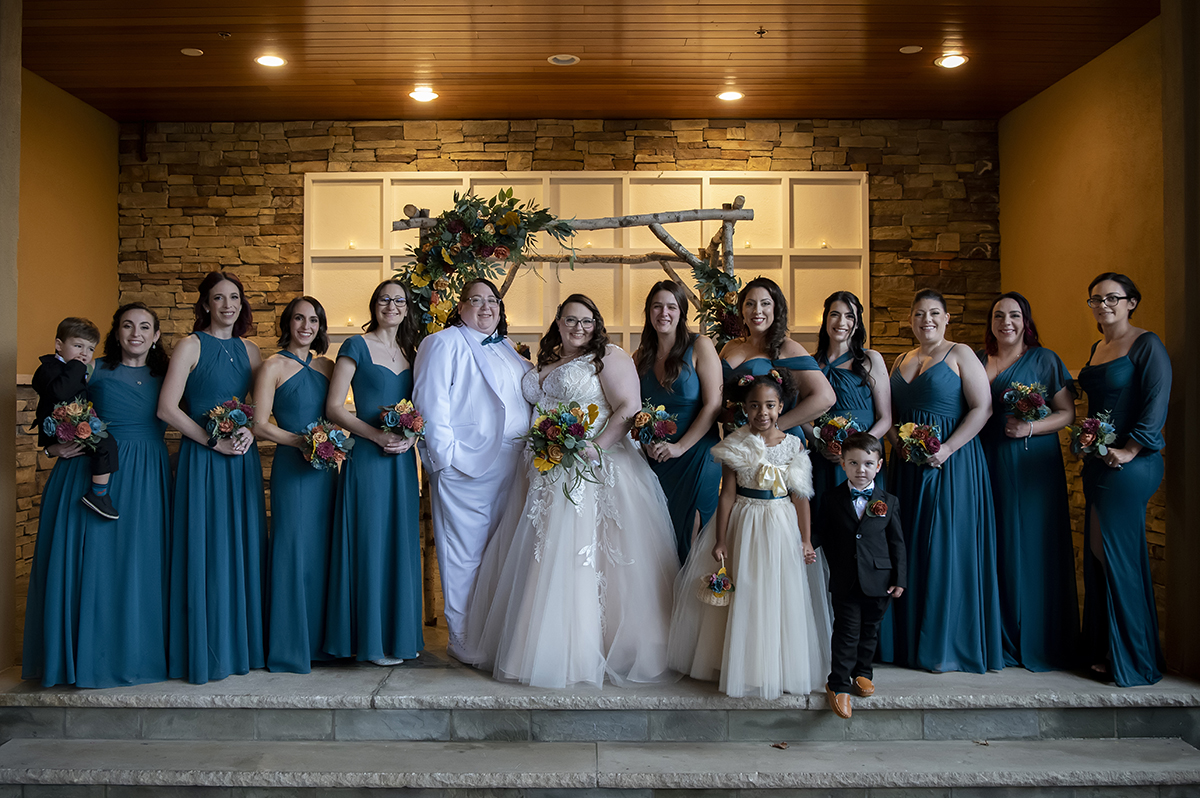 wedding party on wedding day at Stone House at Stirling Ridge. LGBTQ wedding