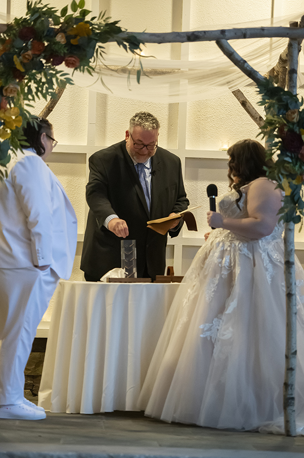 winter wedding ceremony at Stone House at Stirling Ridge. LGBTQ wedding