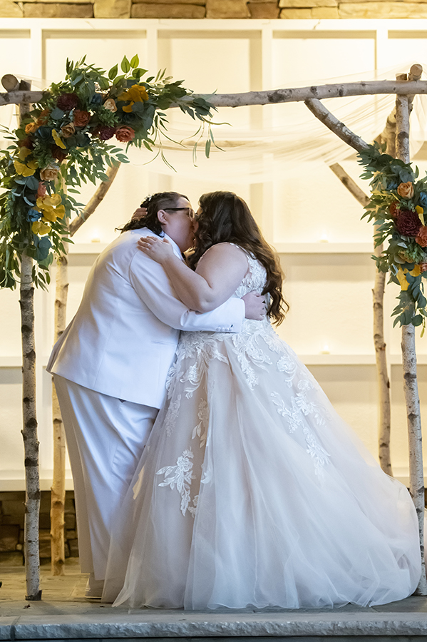 winter wedding ceremony at Stone House at Stirling Ridge. LGBTQ wedding