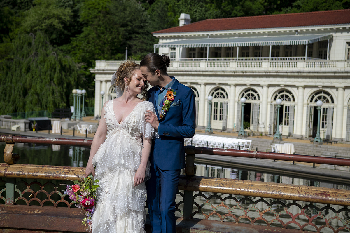 bride and groom on wedding day at Prospect Park Boathouse in Brooklyn
