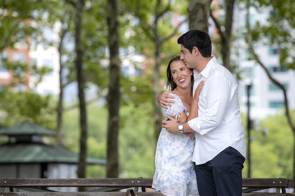 recently engaged couple at Pier A in Hoboken