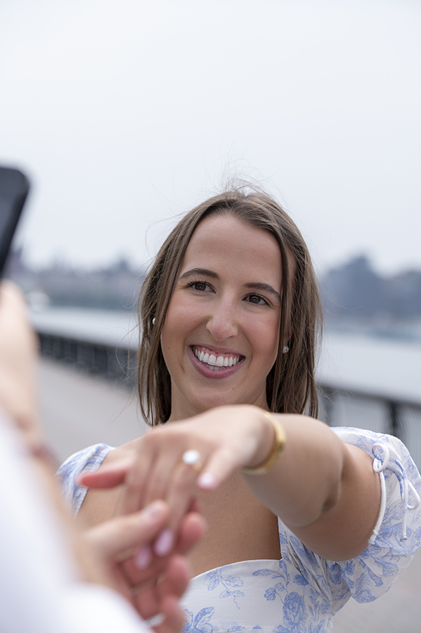 newly engaged fiancee at Pier A Park in Hoboken