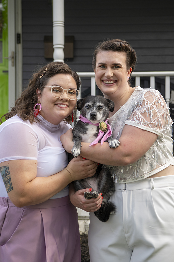 2 brides with their dog on their wedding day in New Jersey. LGBTQ wedding