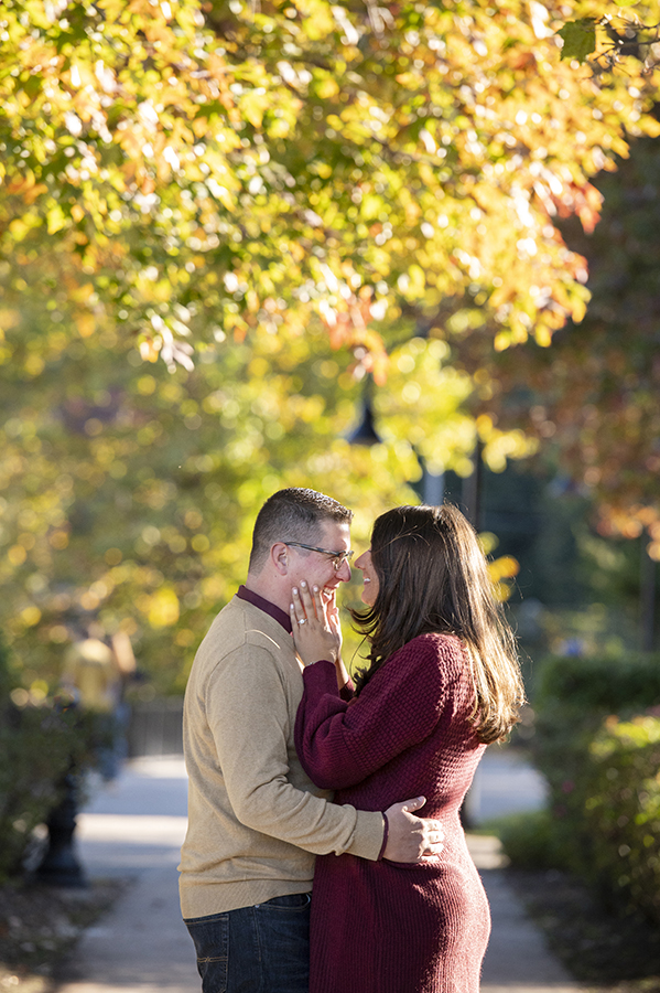 Hoboken engaged couple with fall foliage
