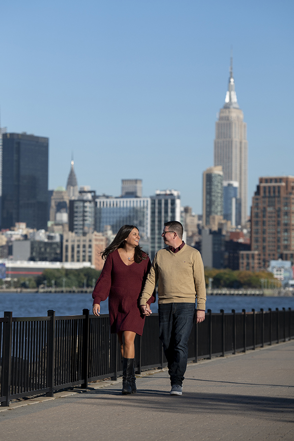 Hoboken engaged couple with NYC skyline