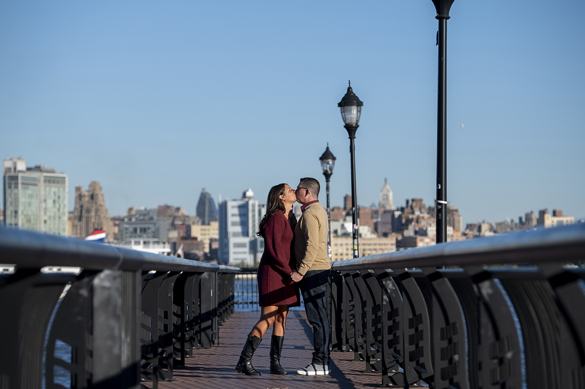 Hoboken engaged couple with NYC skyline