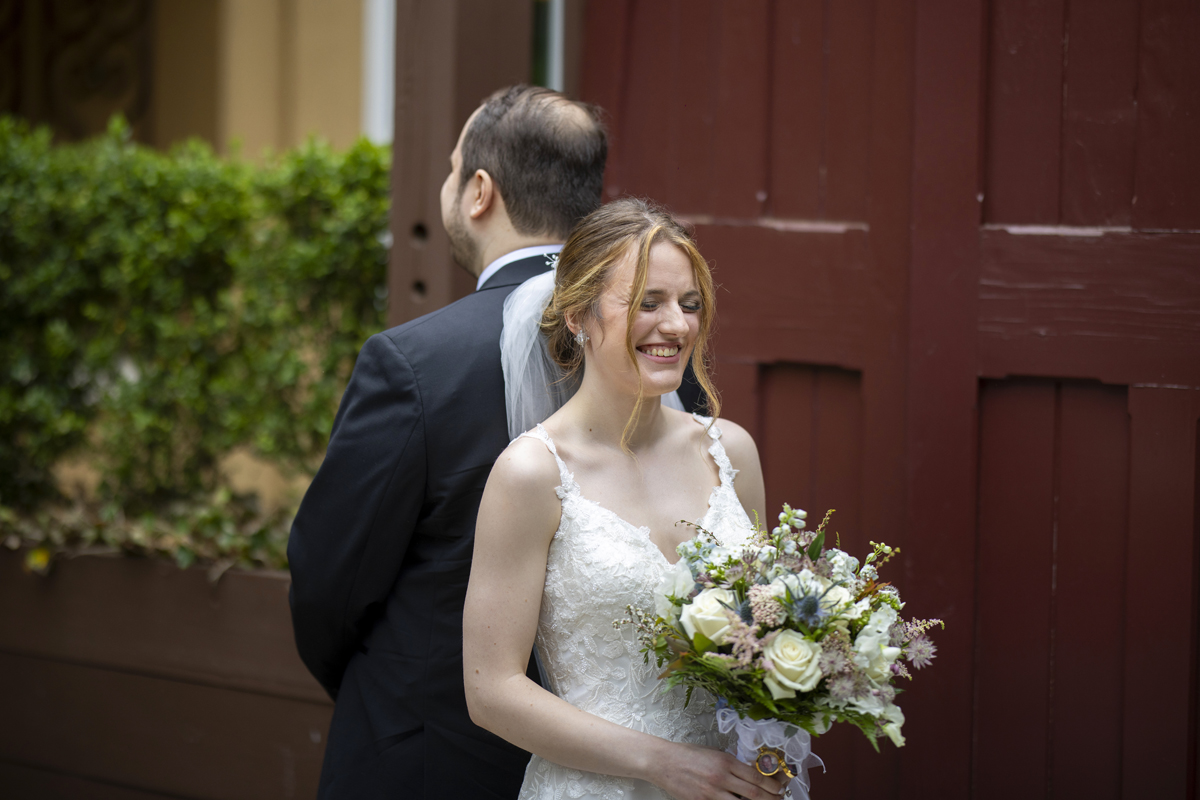bride and groom first look at Stone House at Stirling Ridge wedding