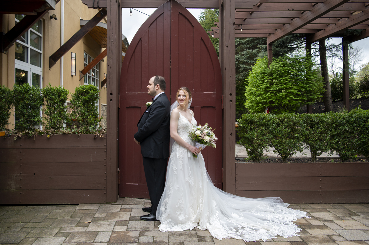 bride and groom first look at Stone House at Stirling Ridge wedding