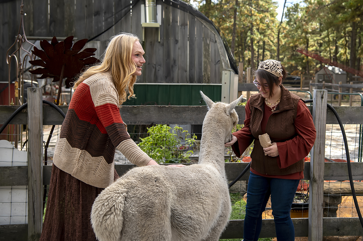 same sex engaged couple at alpaca farm for fall engagement photos