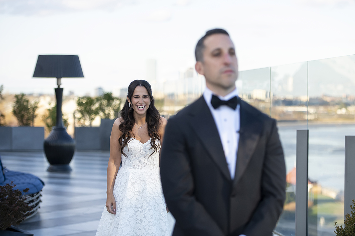 bride and groom first look at Hudson House wedding in Jersey City