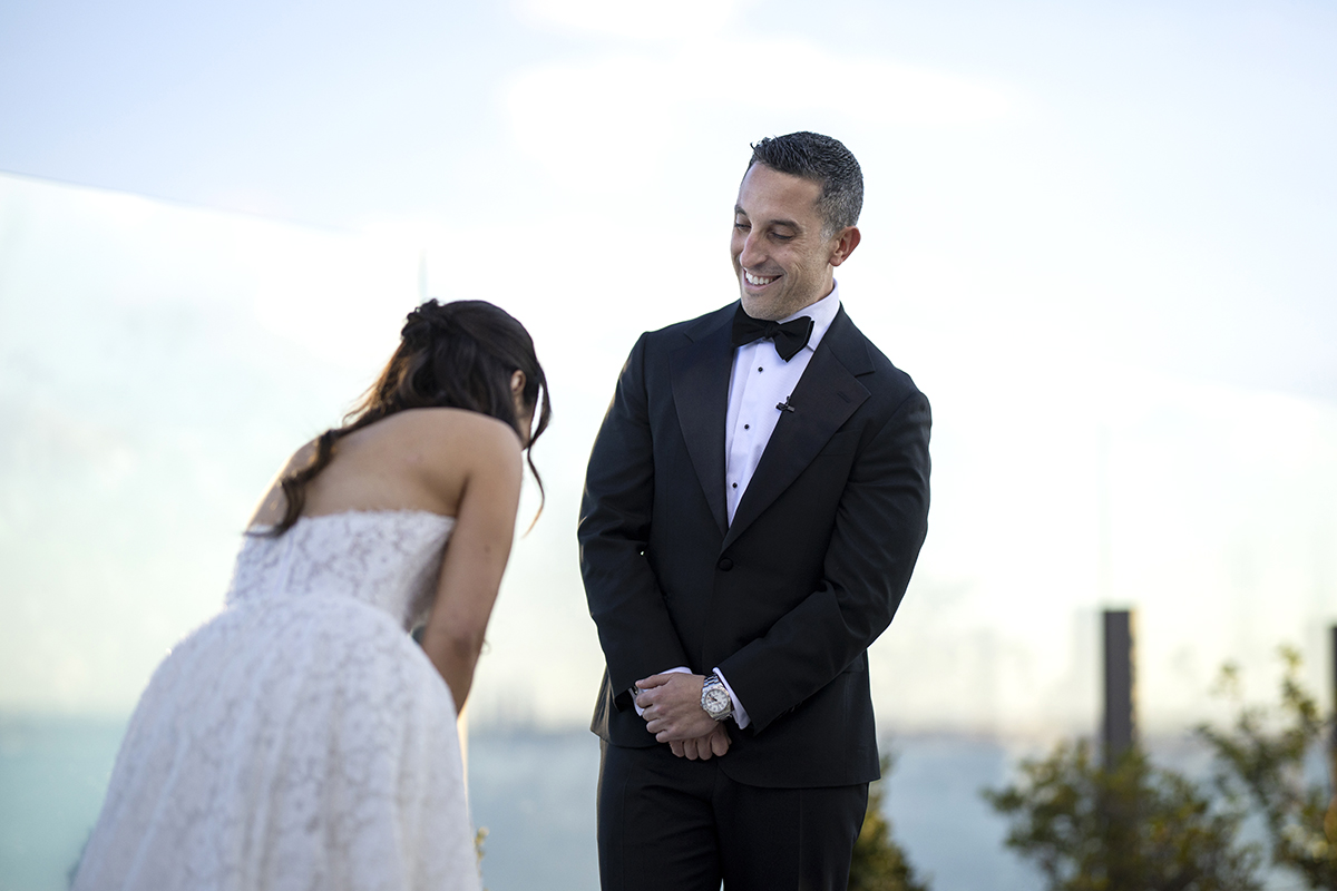 bride and groom first look at Hudson House wedding in Jersey City