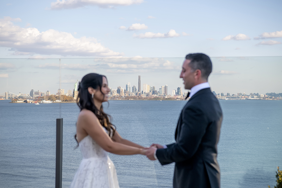 bride and groom first look at Hudson House wedding in Jersey City