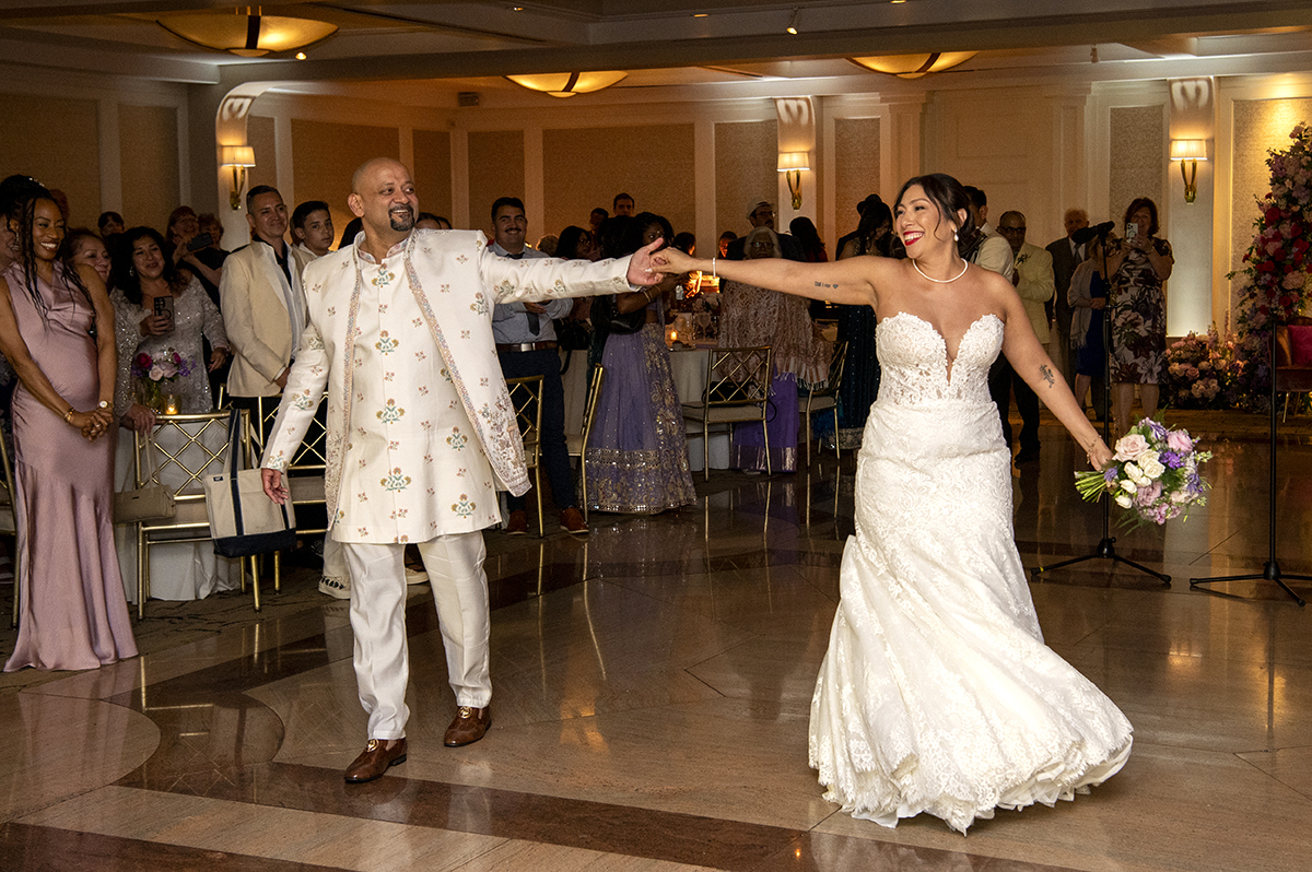 bride and groom dancing during their wedding reception at Glen Island Harbour Club